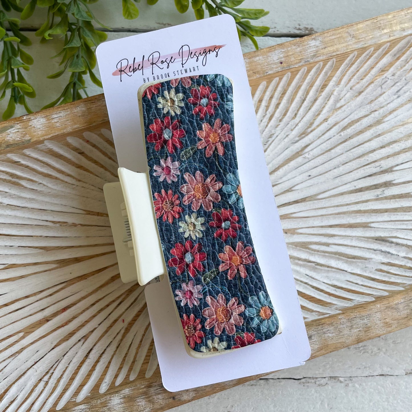 Large Floral on Denim Leather Claw Clip