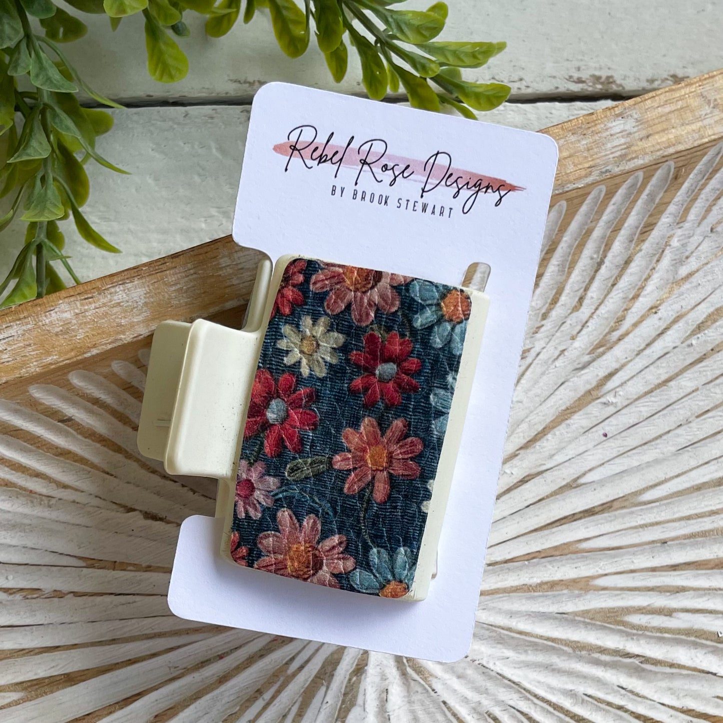 Small Floral on Denim Leather Claw Clip