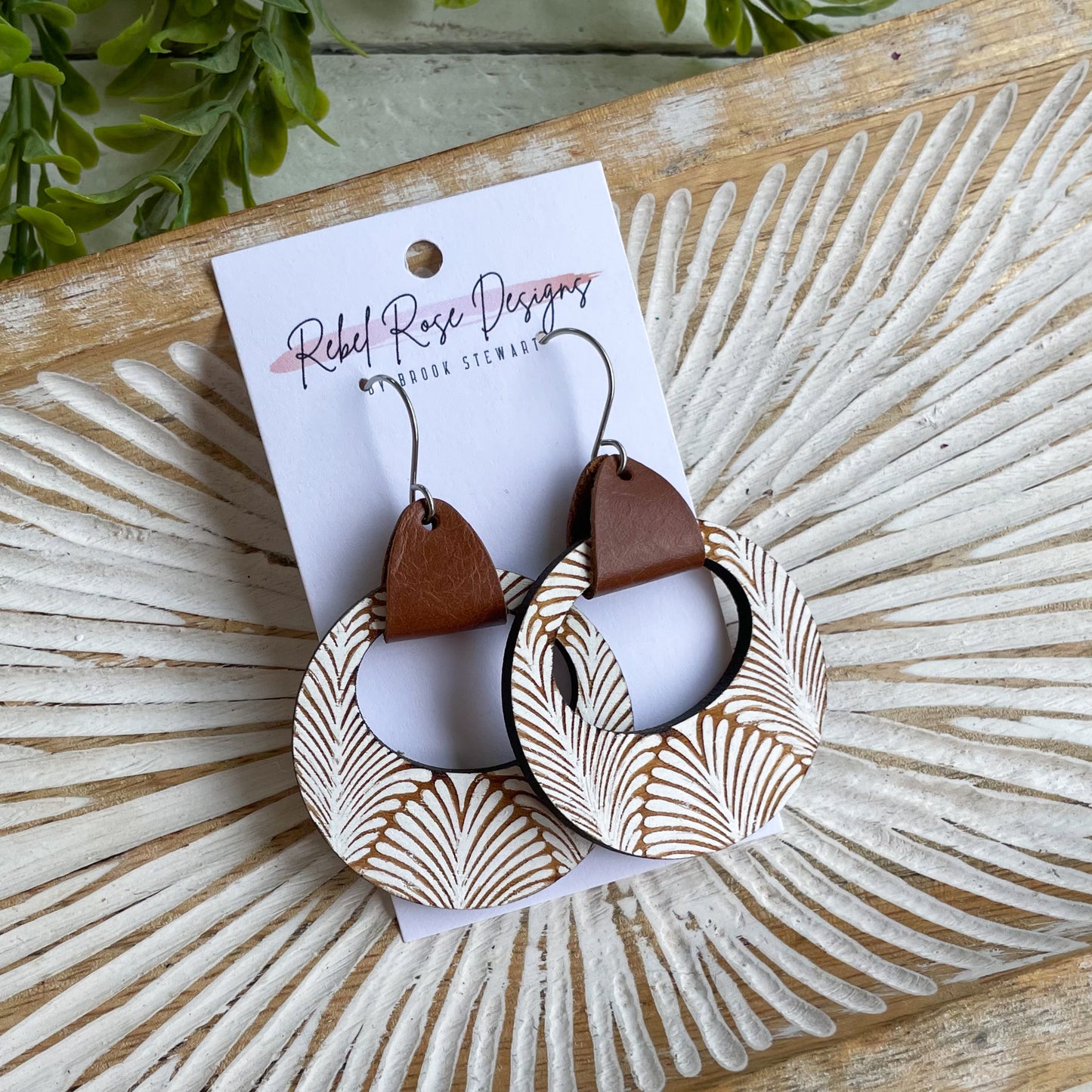 Round Palm Leaf Wood Earrings